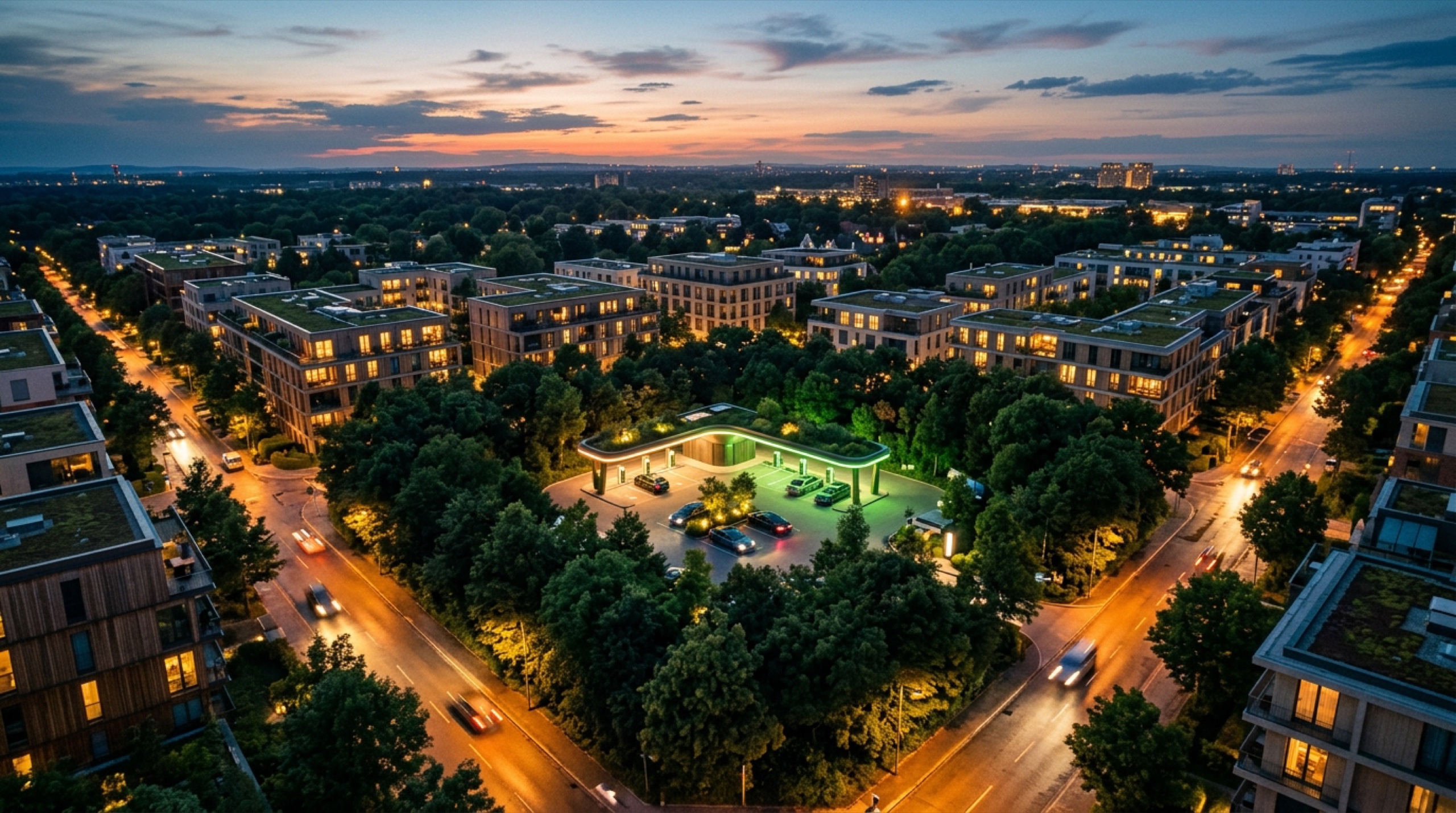 Solar-canopy EV charging plaza in a green city at golden hour