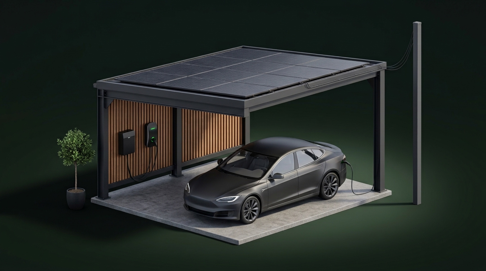 EnGe-connected solar carport charging a car, linked to the grid and the EnGe Cloud
